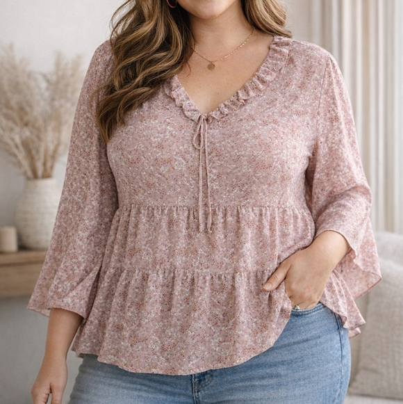 Oak & Trellis Tops - Women's Pink Floral Ruffle V-Neck Peplum Blouse